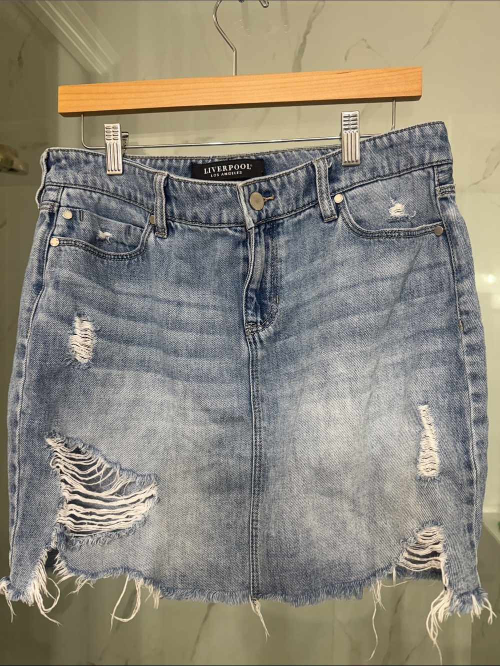 Liverpool Light Blue Distressed Denim Mini Skirt